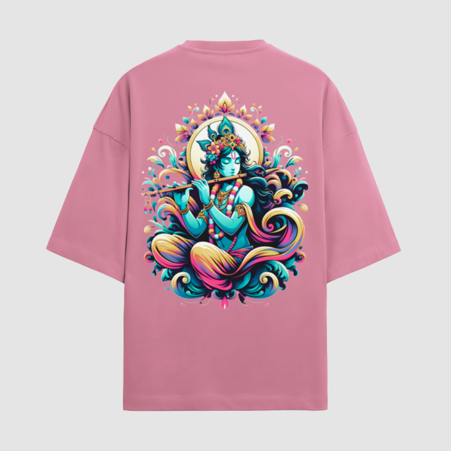 Colorful Devotion: Flamingo Premium Fabric 280 gsm Oversized T-Shirt with Krishna Design