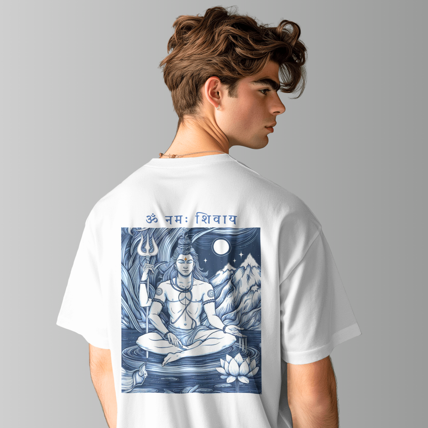 Om's Blessing: White Premium Fabric 280 gsm Oversized Shiva T-Shirt