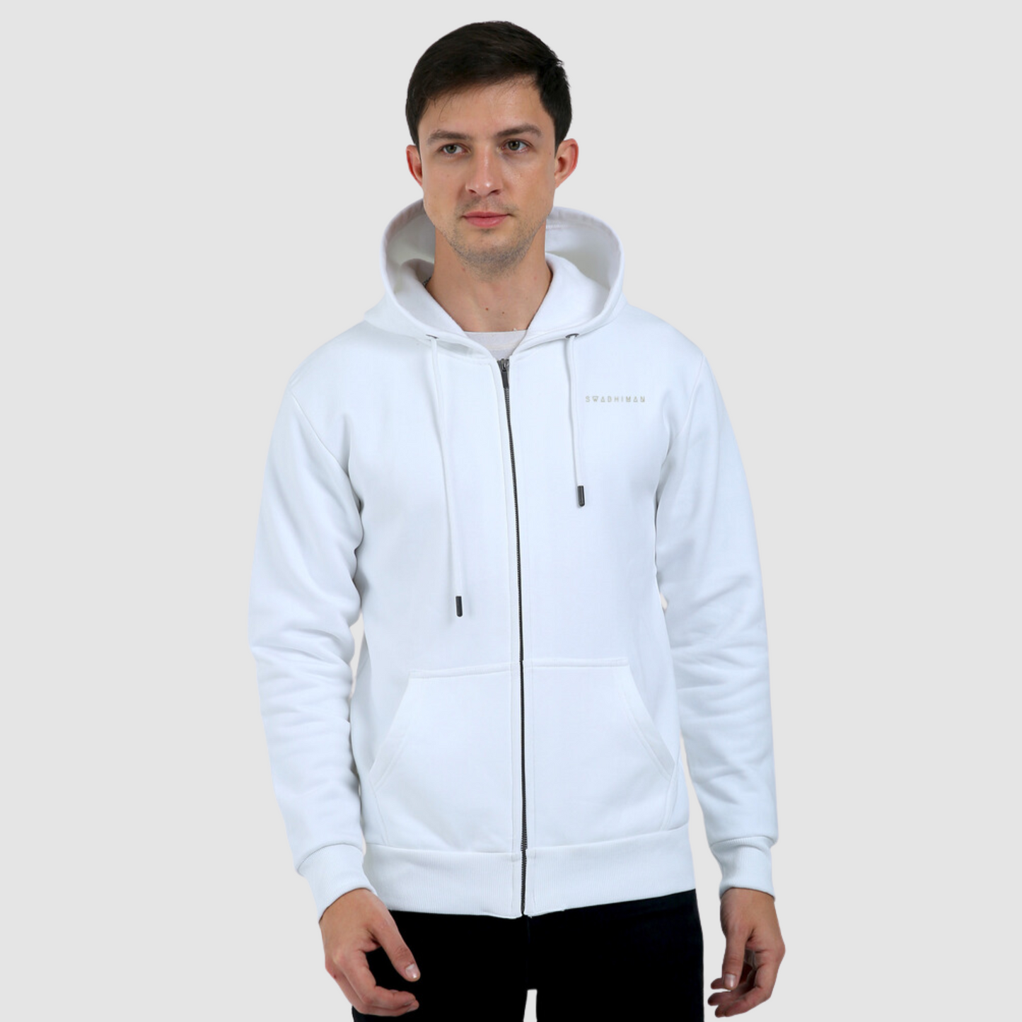 White Zip Hoodie Having Kaal Om Design